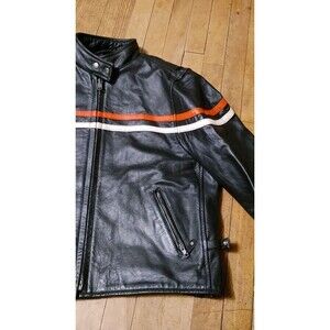 Vintage Y2K Men's Black Striped Heavy Duty Leather Rider Jacket Size Large